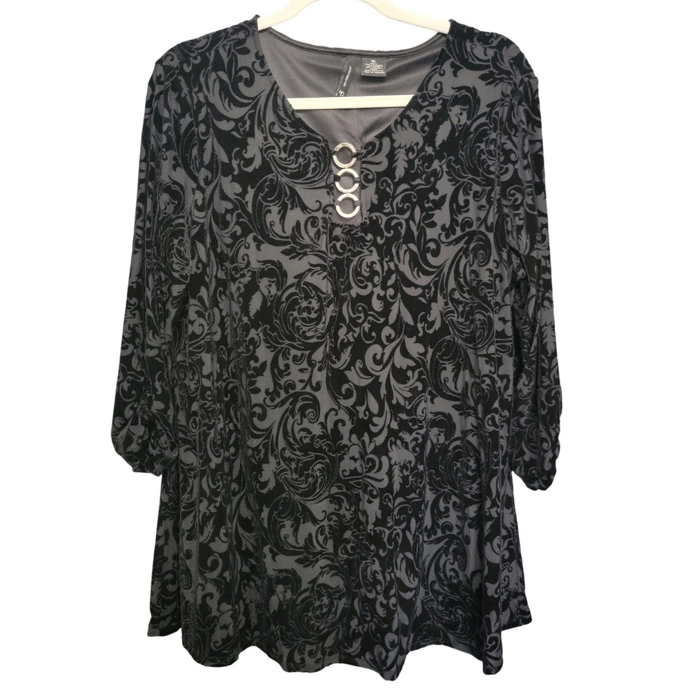 New Directions Blouse Women‎ XL Black Velvet Burnout Damask Ring Detail
